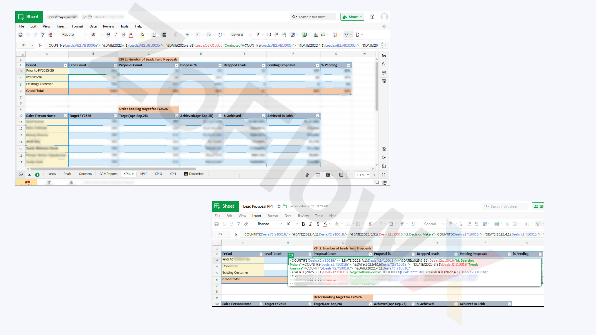 Zoho Sheets live reporting synced with Zoho CRM showing Innoval lead and deal KPI analytics