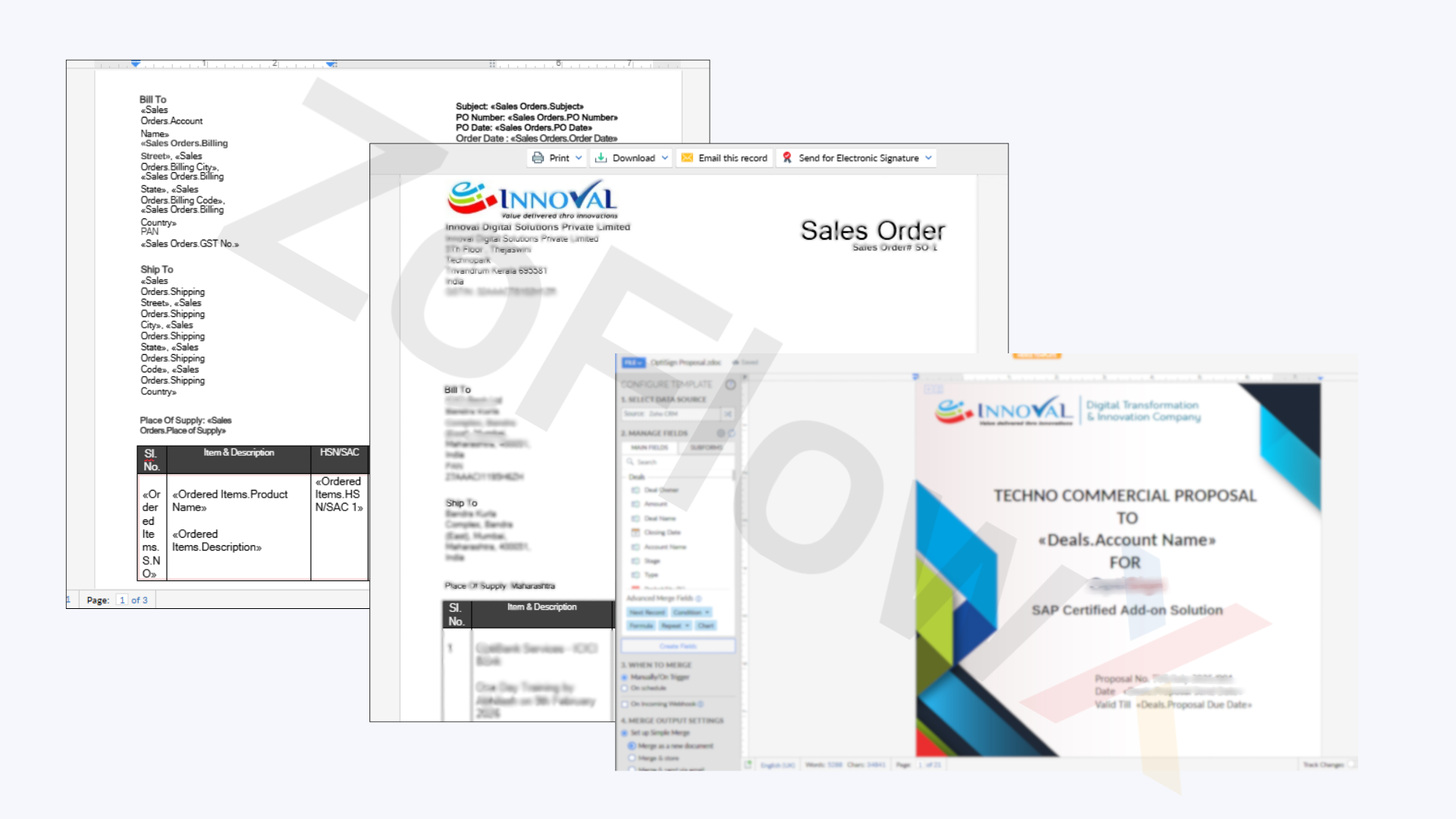 Zoho Writer integration generating automated proposals and sales orders from Innoval CRM data