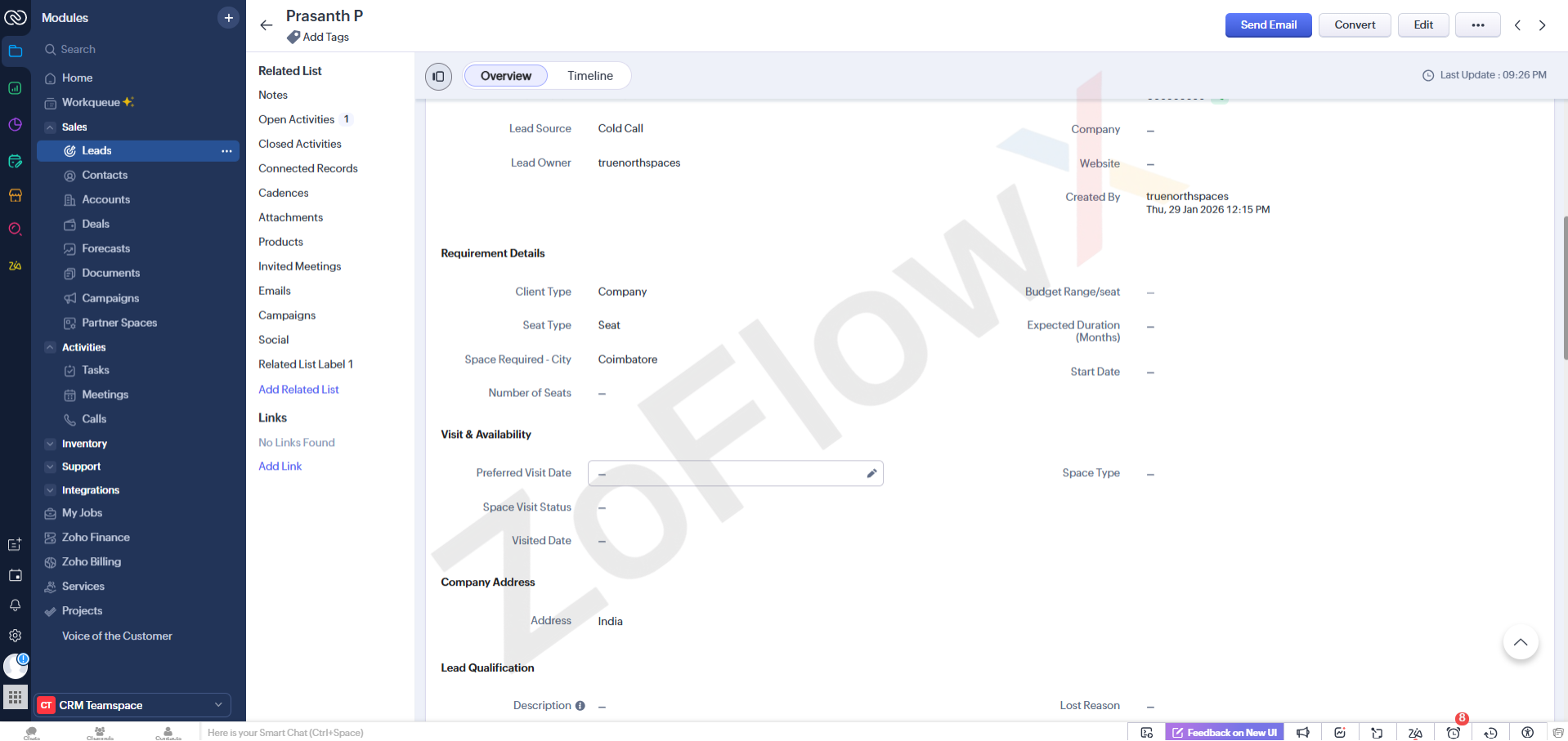 True North Co CRM lead requirement details capturing company type, seats, city and visit availability