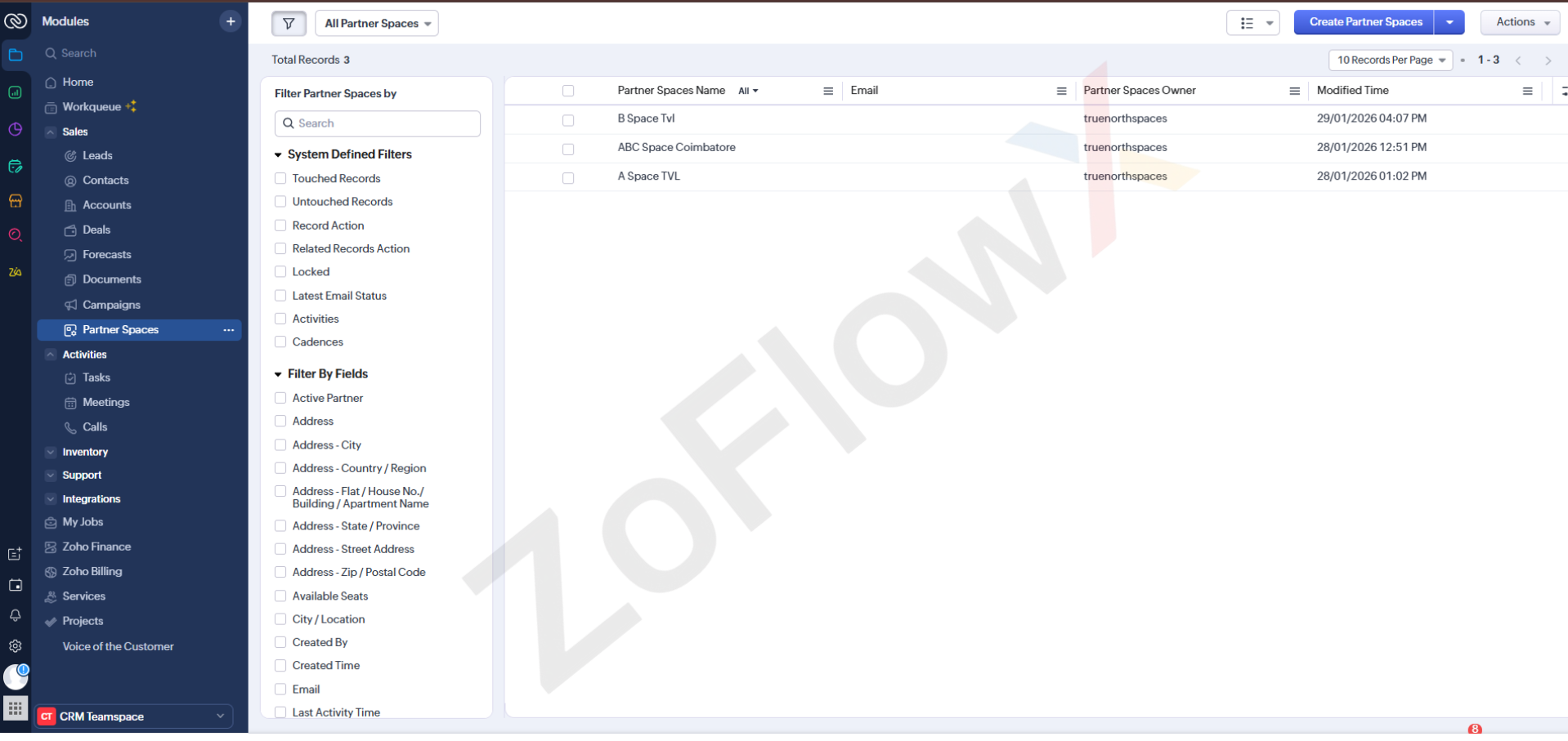 True North Co partner spaces module in Zoho CRM listing coworking locations and partner inventory records