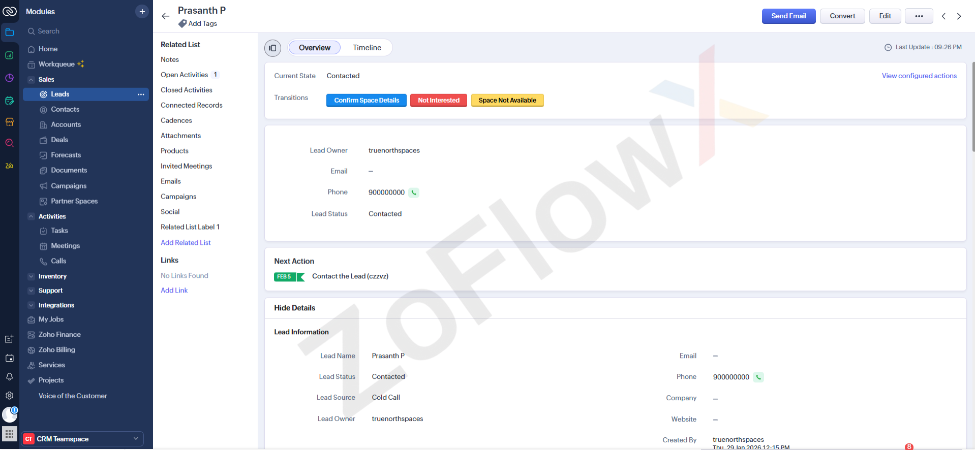 True North Co Zoho CRM leads list view showing centralized lead management, sources and owners