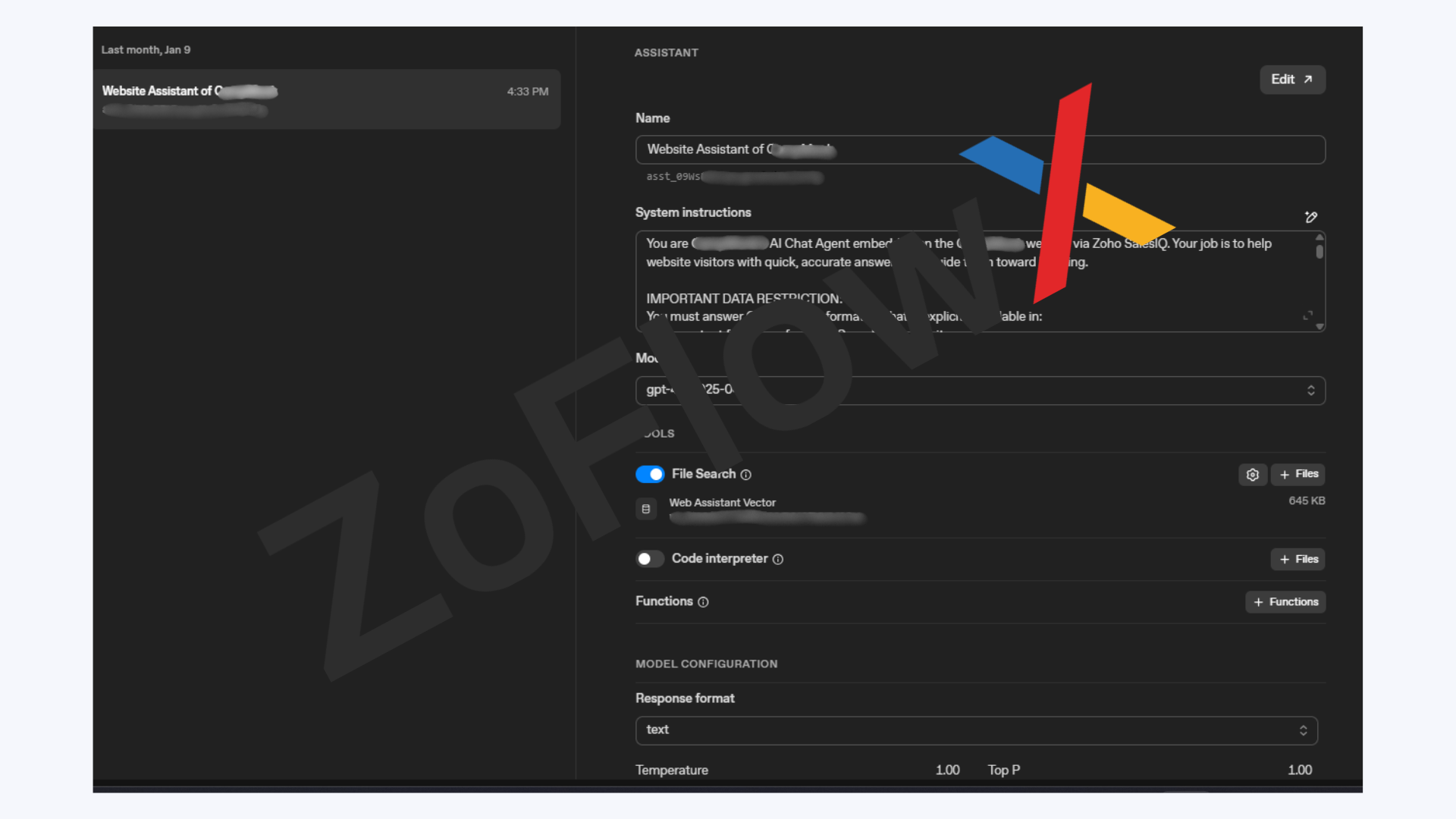 AI assistant configuration panel showing chatbot setup, instructions and knowledge file search settings