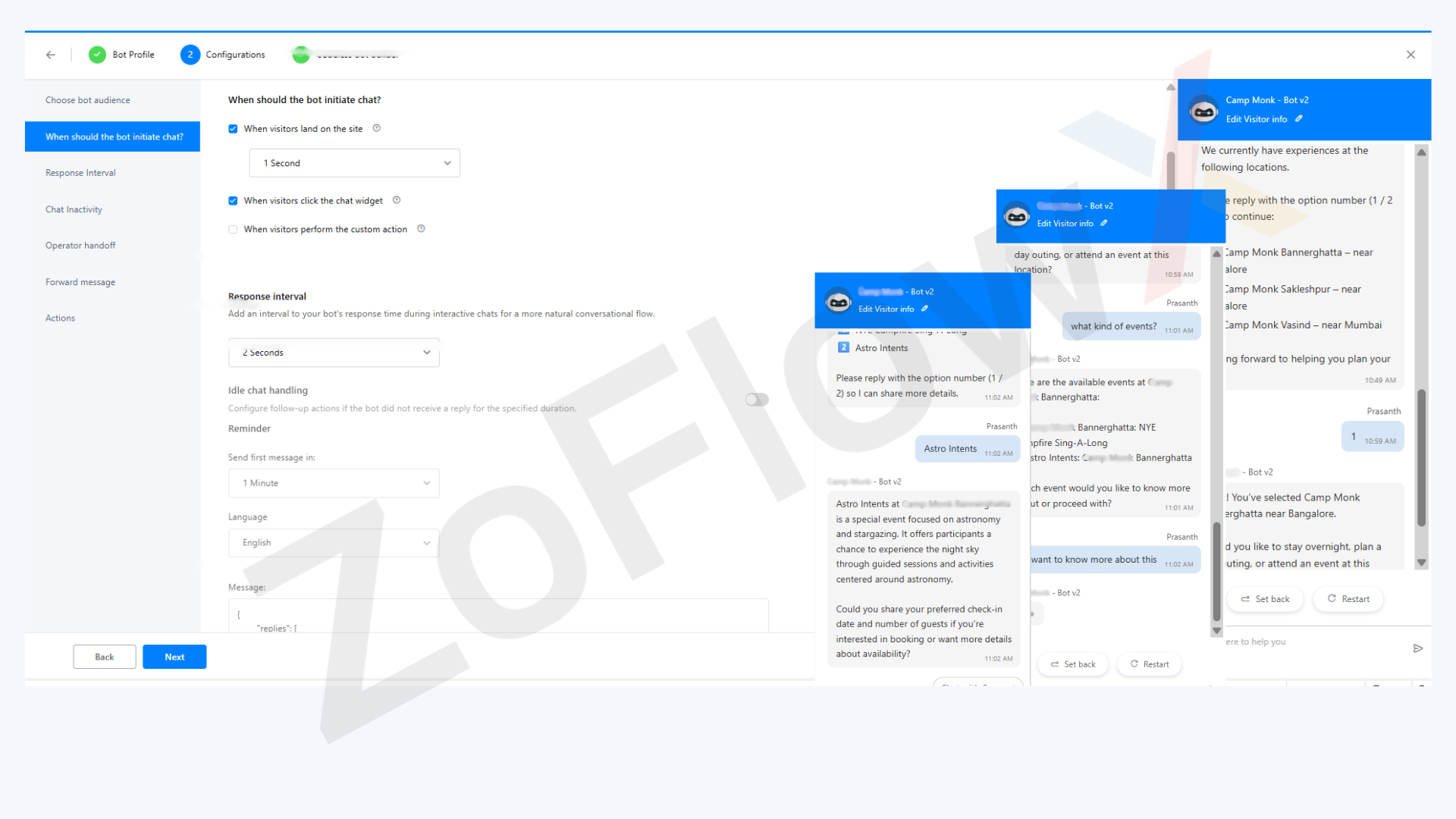 SalesIQ chatbot flow builder capturing email, phone and routing qualified users to human agent