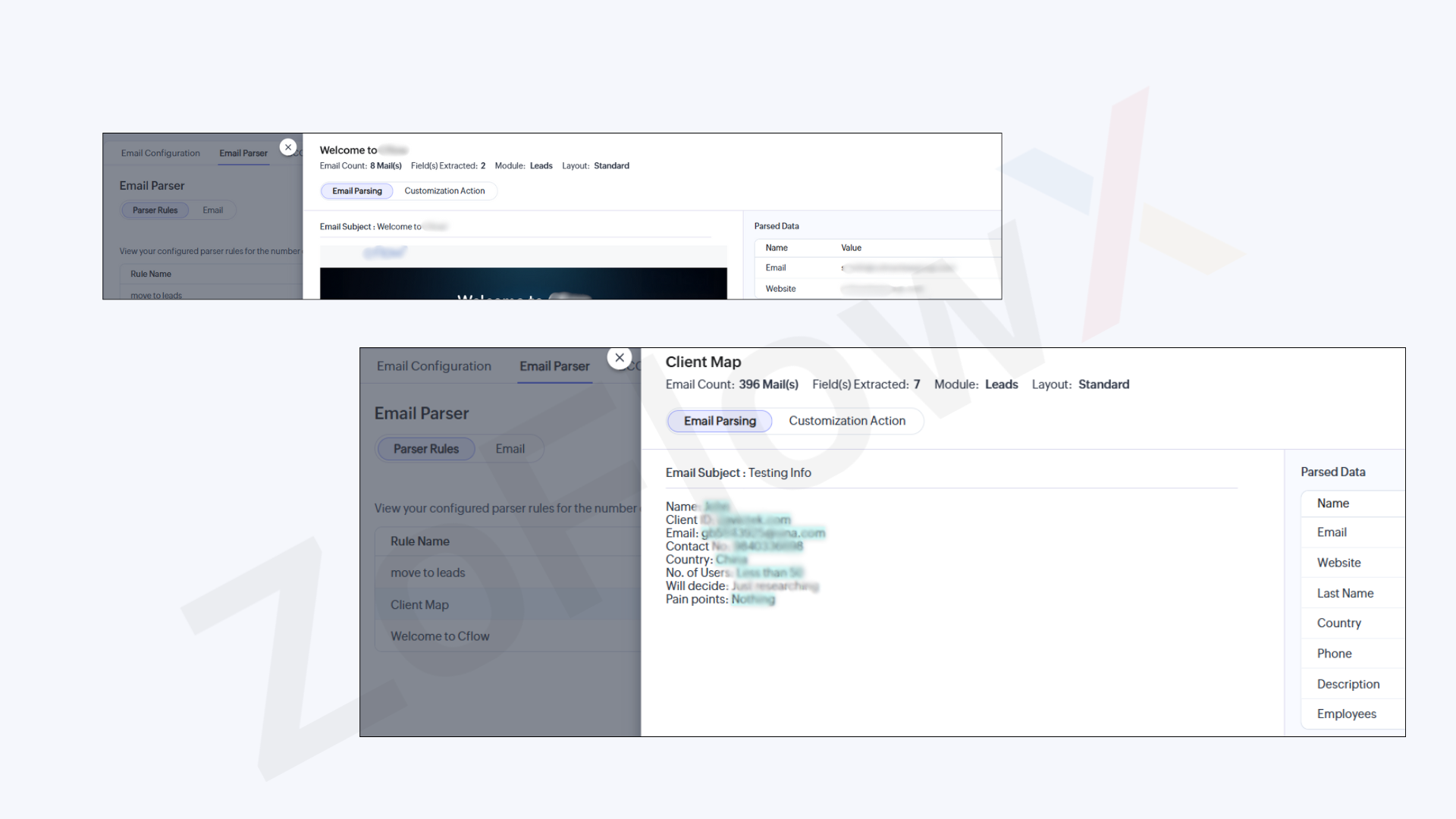 CFlow email parser automatically creating CRM leads from trial signup emails