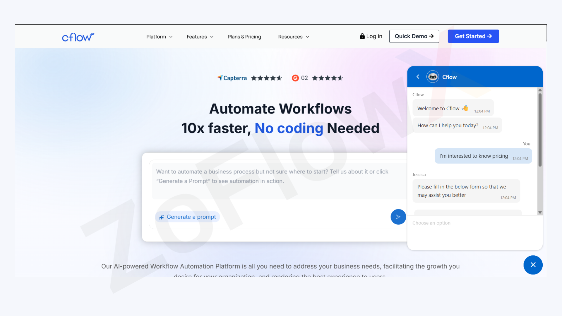 CFlow pricing page chatbot capturing buying intent and alerting sales instantly