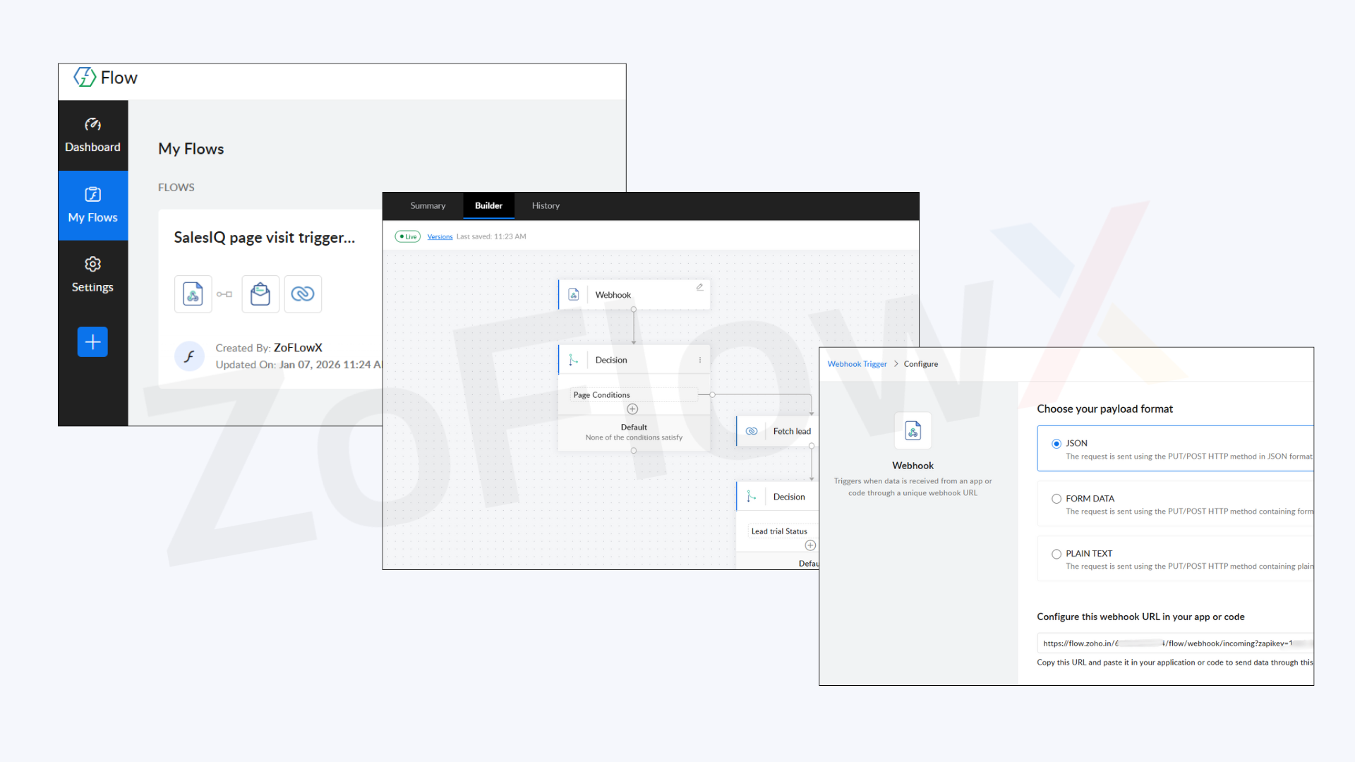 CFlow Zoho Flow webhook automation syncing trial activity with CRM pipeline